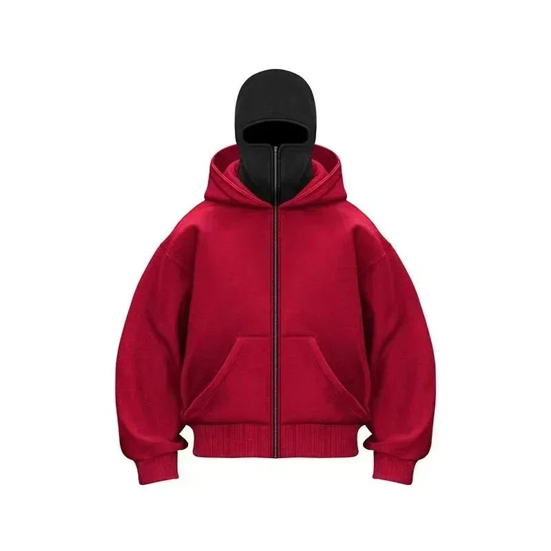 Threebooy  Men's and women's Harajuku ski hats  new winter gear  double hooded sweatshirts  men's hooded masks  zippered sportswea