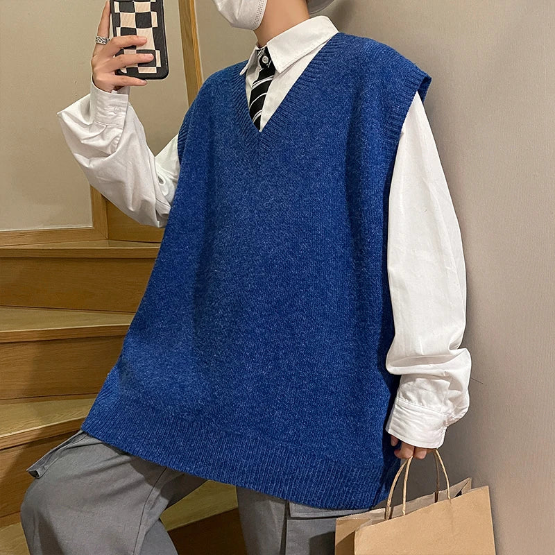 Threebooy Autumn Streetwear Mens Loose Sweater Vest Casual Thermal Oversized Winter Sweater Vest Men Sweater Vest  for Daily Wear
