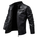 Threebooy Men Fashion Leather Jacket Slim Fit Stand Collar PU Jacket Male Anti-wind Motorcycle Lapel Diagonal Zipper Jackets Men 4XL-M