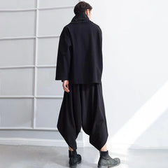 Threebooy Mens Casual Irregular Loose Wide-Leg Pants 2024 New Genderless Personality Dark Style Retro Solid Color Nine-Point Pants Unisex