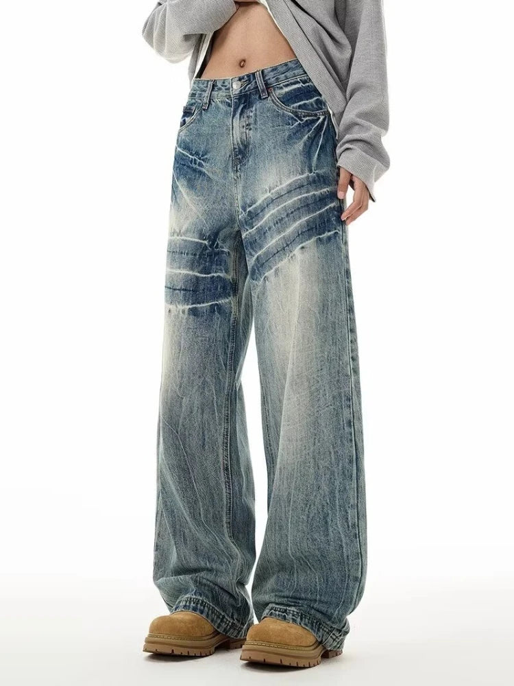 Threebooy  Men's Fashion Design Baggy Jeans Vintage Blue Personality Youth Streetwear Wide Leg Pants Korean High Street Male Denim Trousers