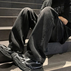 Threebooy  Straight Jeans men Elastic waist Spring New Vintage Casual Baggy Jeans Korean Youth Trousers Classic Wide Leg Denim Pants