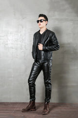 Threebooy  Men's Black Leather Pants Slim Fit Stretch Personality Simple Thin Punk Style PU Leather Men's Pants Motorcycle Dance Party