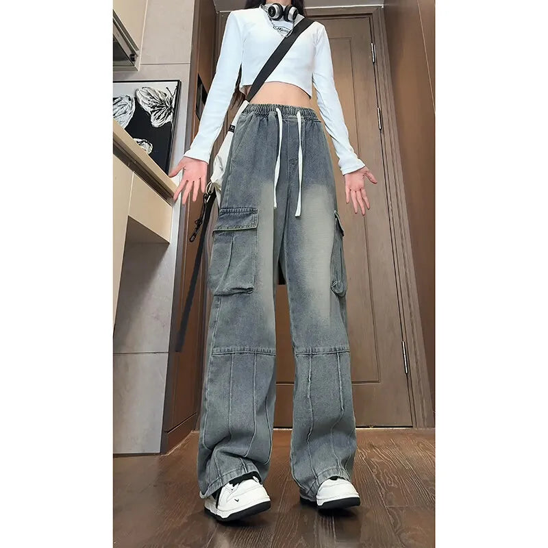 Threebooy Men's Jeans String Banding Elastic waist Wide Leg Denim Pants Side pocket Cotton Casual Straight Jean Trousers