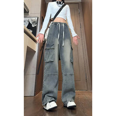 Threebooy Men's Jeans String Banding Elastic waist Wide Leg Denim Pants Side pocket Cotton Casual Straight Jean Trousers