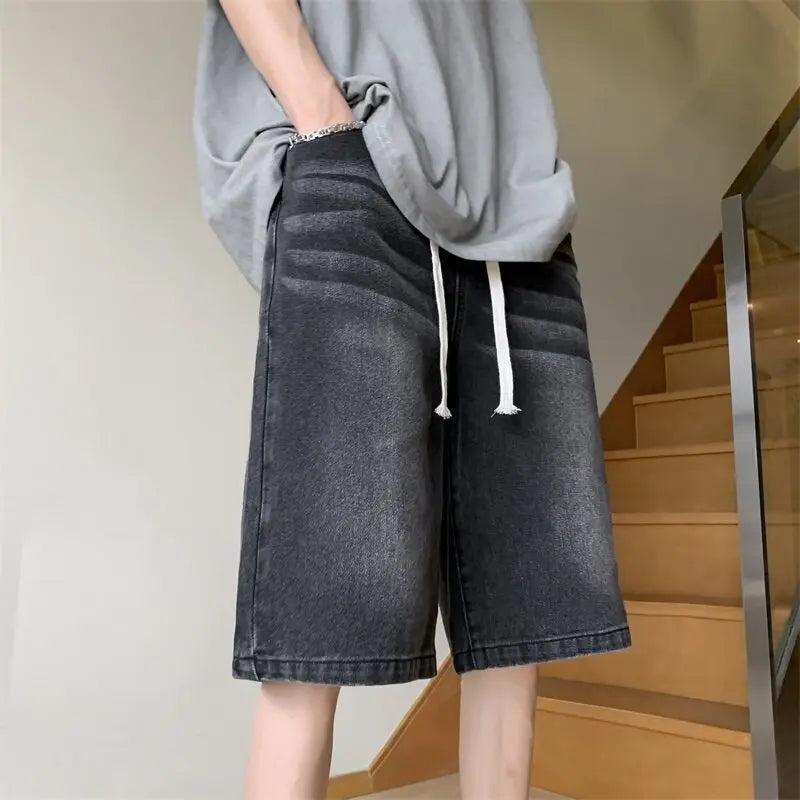 Threebooy  Loose Fit Denim Shorts men Elastic Waist Drawstring Washed Casual Summer Vintage Distressed Streetwear Comfort Stretch Fashion