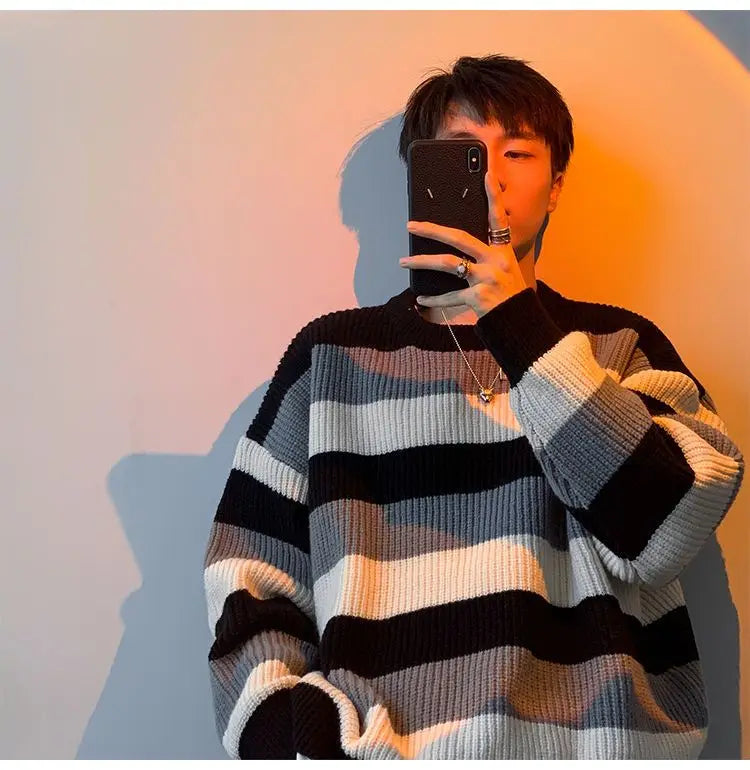 Threebooy Autumn Winter Sweater Men Pullover Korean Style Male Striped Sweater Loose Knitted Sweater Trend Thick Top Mens Clothing