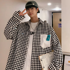 Threebooy High street ins checkerboard long sleeved shirt men's spring clothes plus fat plus size trendy fat people loose casual coat