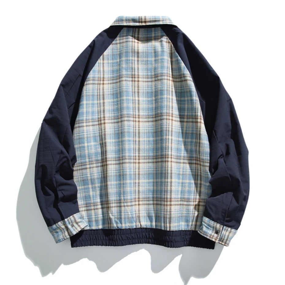 Threebooy Vintage Splicing Plaid Jackets Mens Harajuku Double-faced Cargo Coats Men Oversized Autumn New Streetwear Loose Casual Jackets