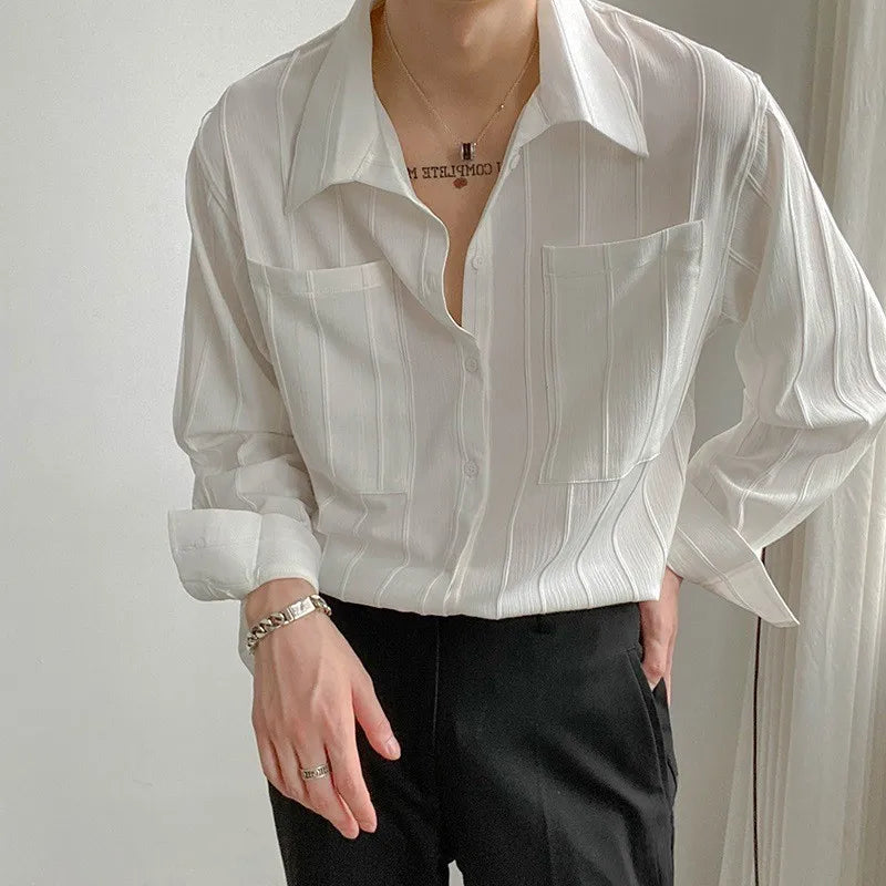 Threebooy  Autumn Men's Light Luxury Retro Korean Popular Shirt Leisure Long Sleeve Button-down Premium Solid Color Business Pocket Shirt