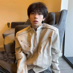 Threebooy  Short Leather Jacket Men's High-end and Handsome American Retro Motorcycle Spring and Autumn