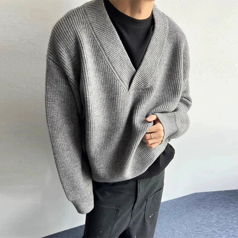 Threebooy  New American Vintge Men V Neck Sweaters Casual Drooping Solid Color Long Sleeve Knitwear Premium Quality Knitted Pullovers M-2XL