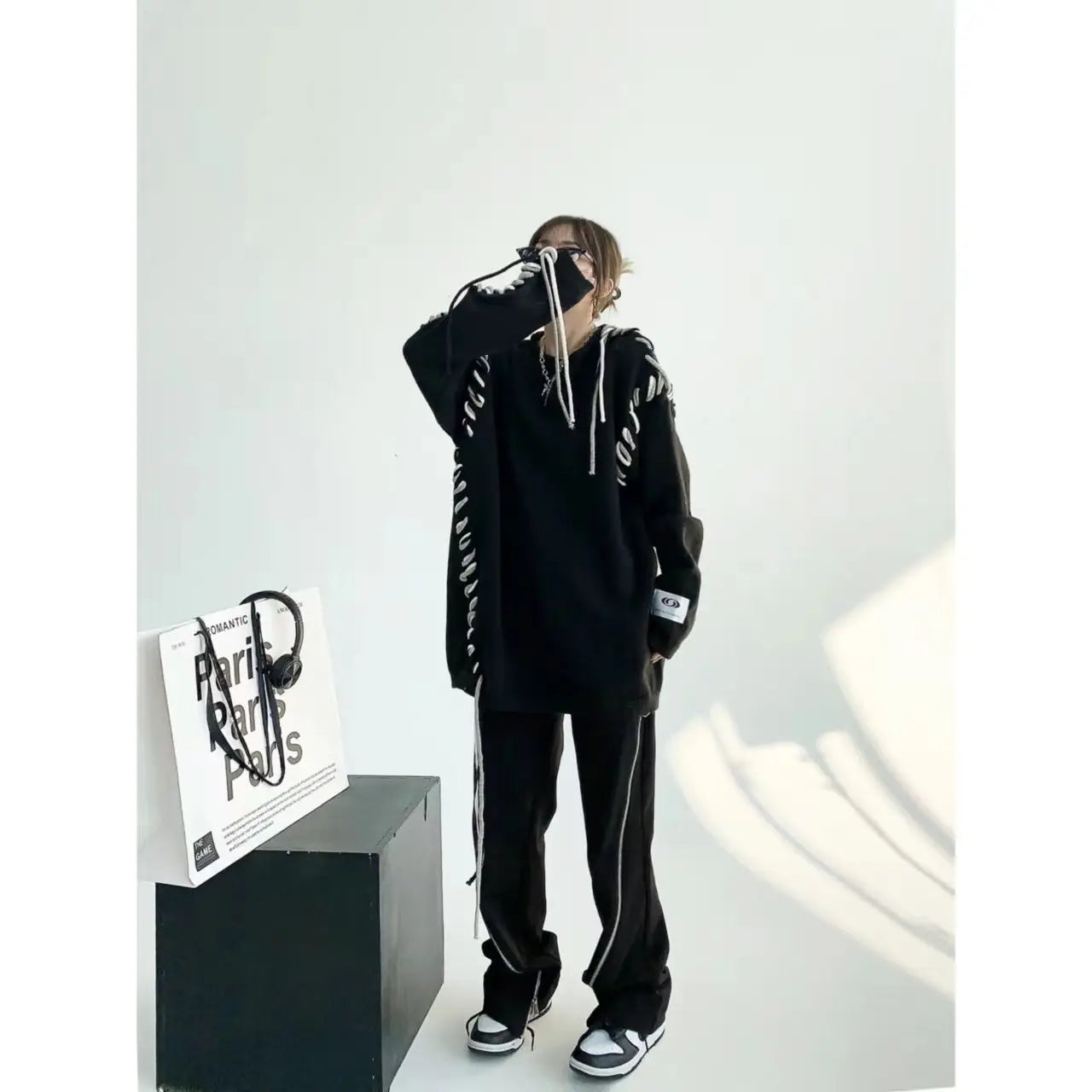 Threebooy Lace-Up Ribbon Loose Knit Sweater bf Oversized Pullover Women Man 2024 y2k clothing hiphop punk goth harajuku streetwear grunge