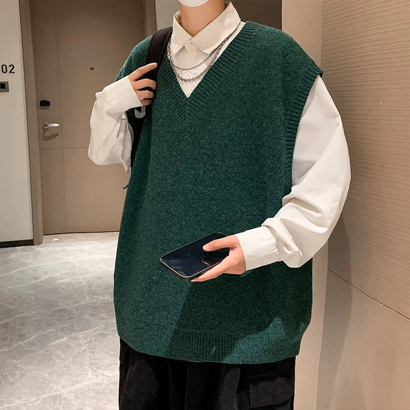 Threebooy Autumn Streetwear Mens Loose Sweater Vest Casual Thermal Oversized Winter Sweater Vest Men Sweater Vest  for Daily Wear