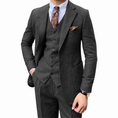 Threebooy  Men's herringbone suit two-piece set Notched lapel One Button Herringbone one-breasted vest jacket Coarse woolen fabrics