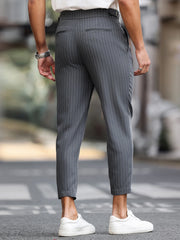Threebooy  Men's Casual Vertical Striped Tapered Cropped Pants Gurkha High Waist Stretch Slim Fit Business Grey Navy Green Trousers