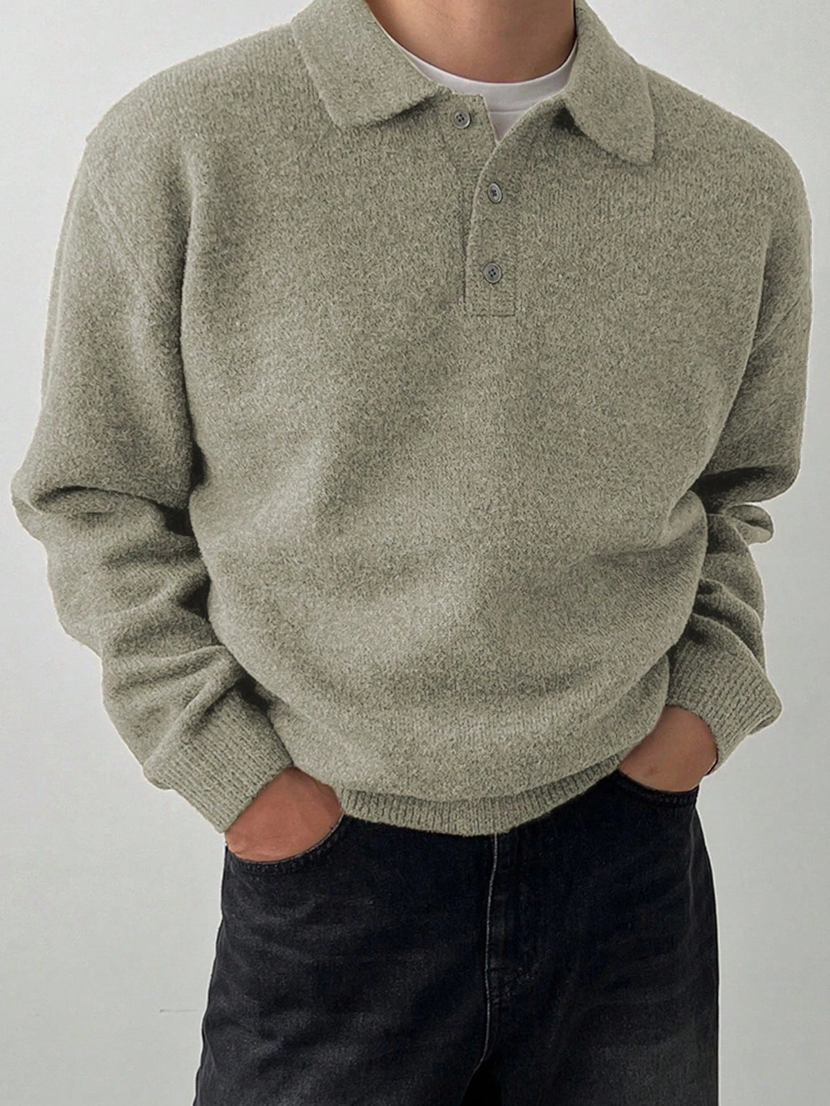 Threebooy  Solid Color Men's Loungewear Pullover, Fall Winter Long Sleeve Lapel Button-Up, Old Money Style Loose Warm Top