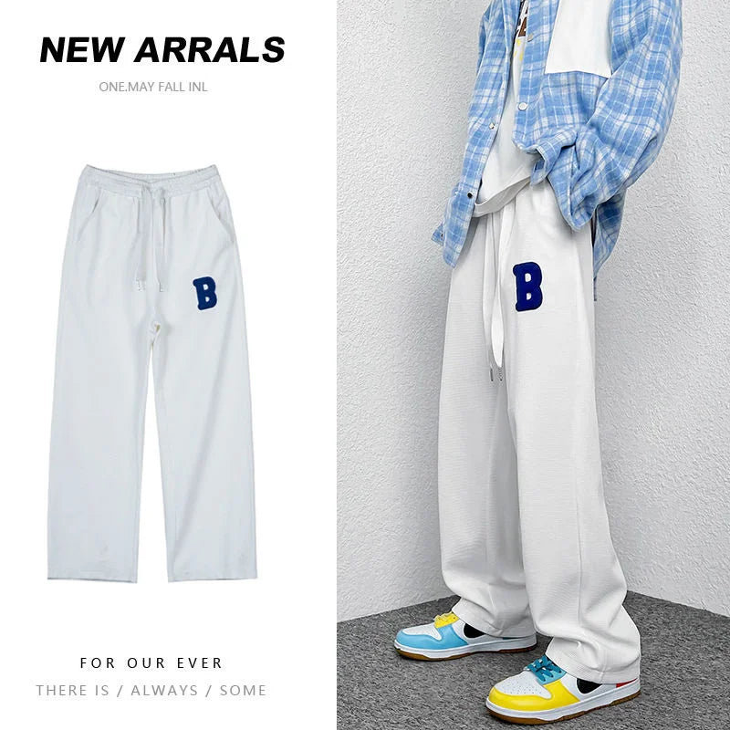 Threebooy Mopping Casual Trousers Spring Summer Oversize Fashion Sports Loose Flocking Letters Simple Pants Straight Wide Leg Aweatpants