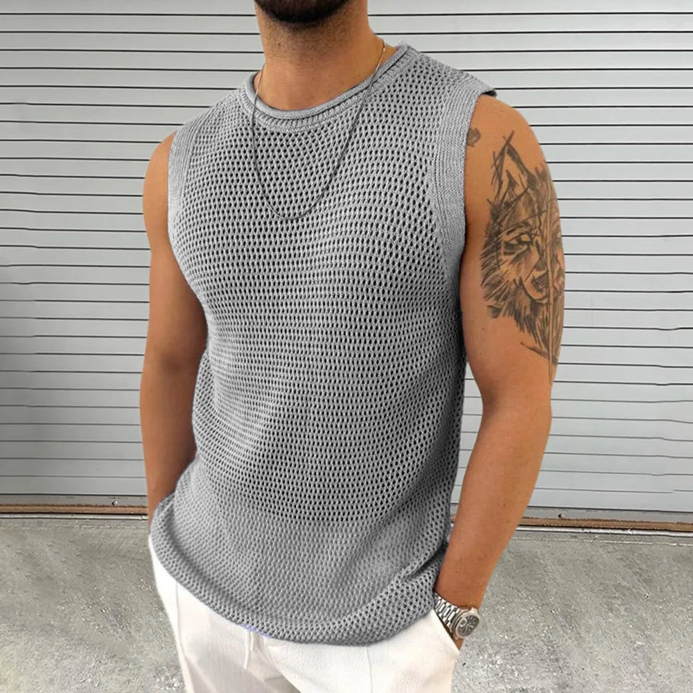 Threebooy  Mens Hollow Knitted Sports Fitness Vest Casual Breathable Personality Fashion All-Match Solid Color Sleeveless Tank Top Summer