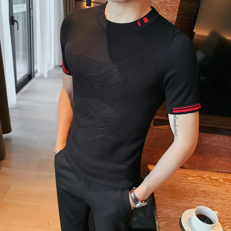 Threebooy  Men's Summer High Quality Knitted Short Sleeve T-shirt Men's Fashion Slim Fit Pullover Male Casual T-Shirt S-4XL