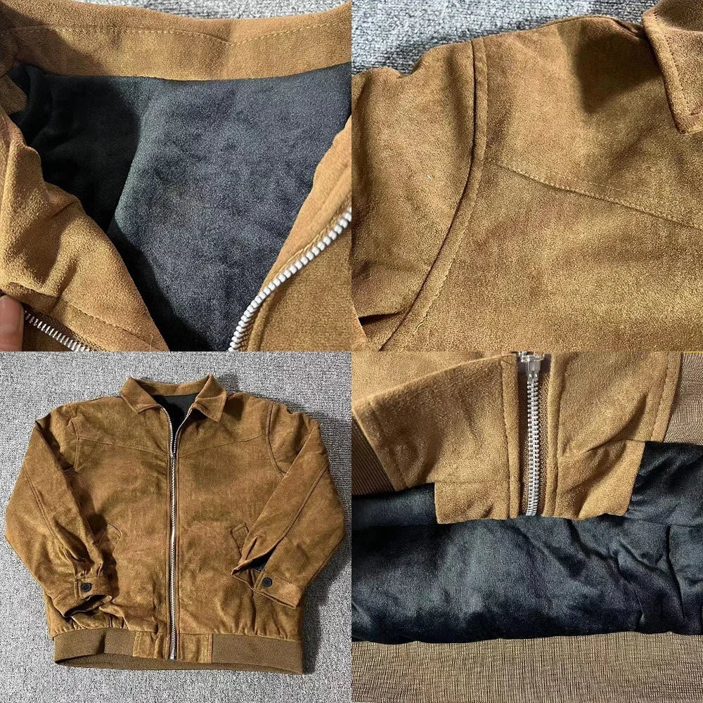 Threebooy Elegant Solid Brown Coat Men's Spring Autumn High-end Loose Lapel Plush Top Winter New Zipper Short Jacket Vintage Streetwear