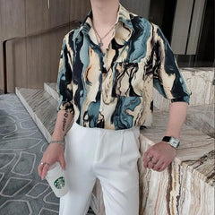 Threebooy  Men's Summer Trendy Vintage Tie Dye Print High Street Ice Silk Shirt Casual Lapel Short Sleeve Pocket Loose Chic Handsome Tops