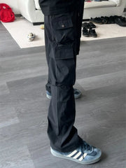 Threebooy  Mens New Straight Leg Work Pants Multi Pocket Drawstring Outdoor Hiking Trousers Japanese High Street Casual Long Pants