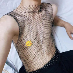 Threebooy Flash Diamond Vest Mesh Navel Tank Tops Men's Sexy Fishnet Perspective Personality T-shirt Trend Nightclub Unisex Sexy Underwear