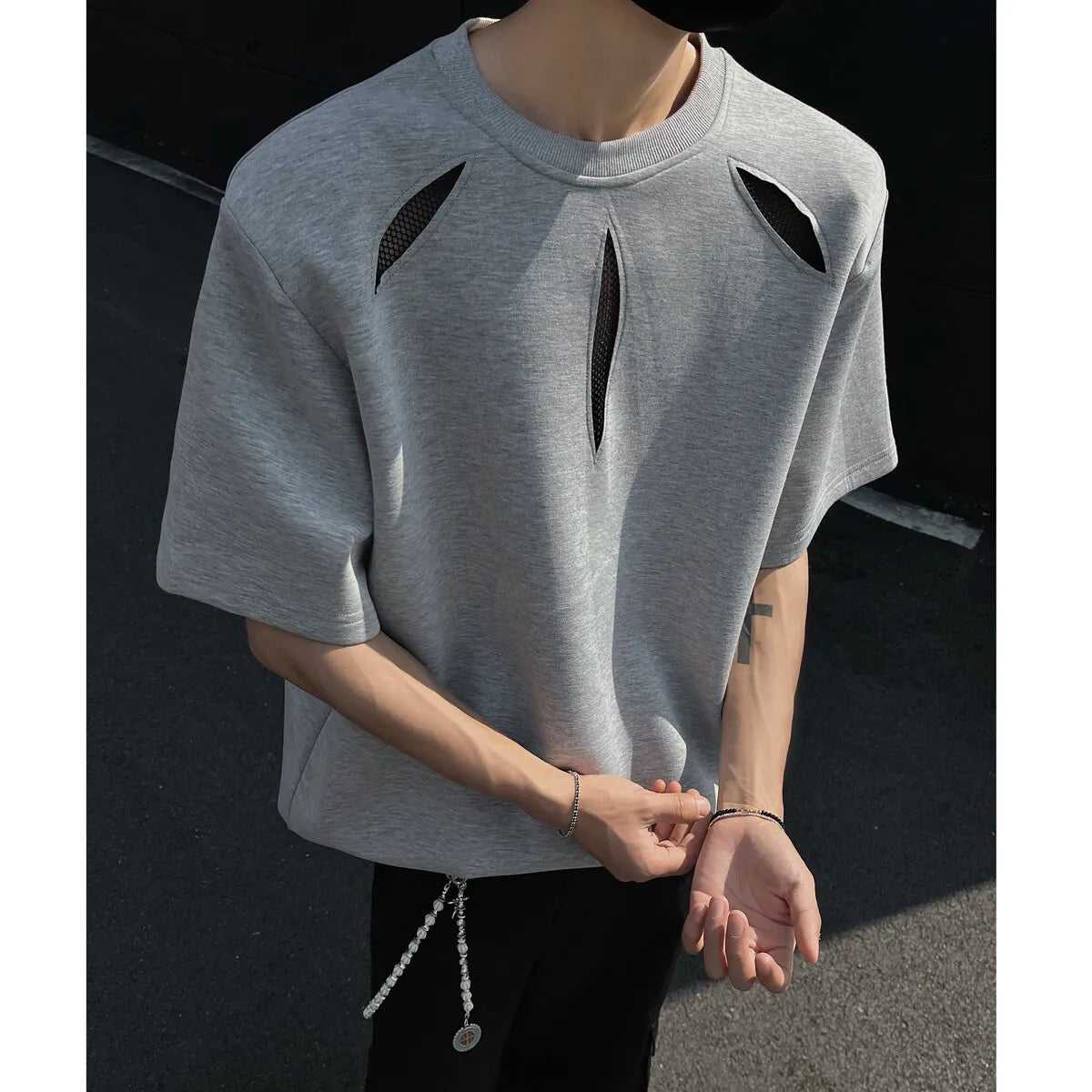 Threebooy Summer Hollow Mesh T Shirt Men Short Sleeve Patchwork Casual Men Clothing Streetwear Fashion Camisetas Gray/Black/White