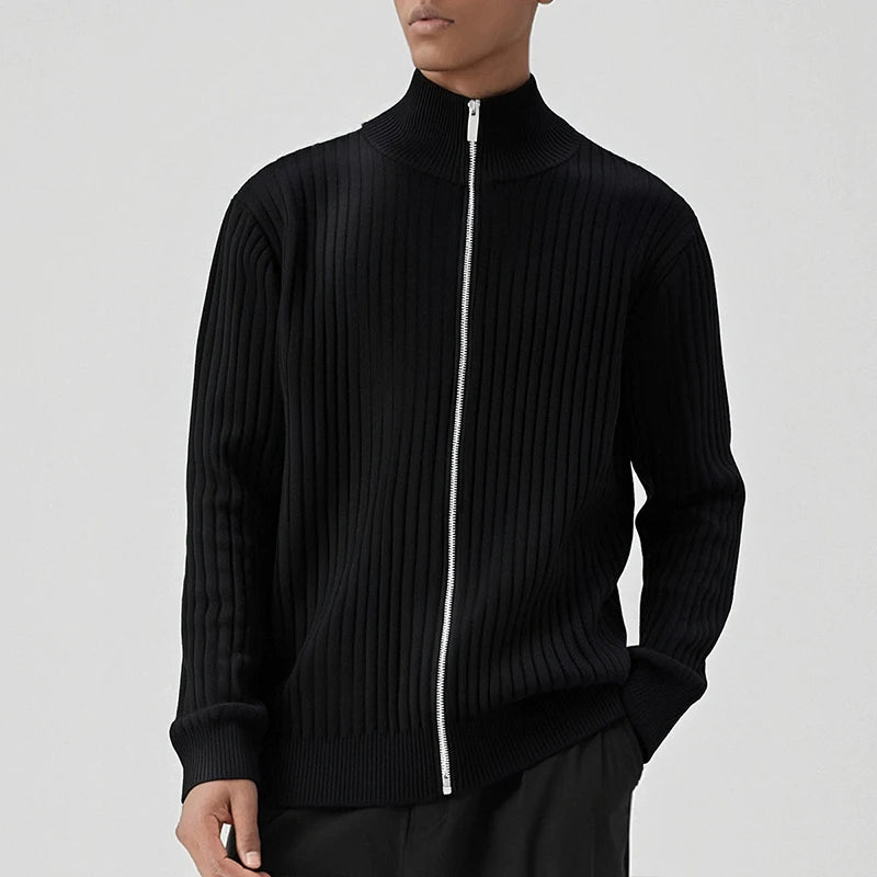 Threebooy  New Korean Fashion Men Cardigan Jacket Light Luxury Trendy Turtleneck Knit Zip-up Long Sleeve Sweater Coat High Quality Knitwear