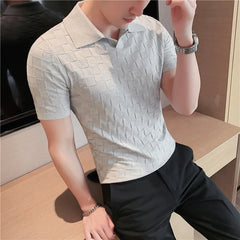 Threebooy Vintage Polo Shirt Man Stripe Print Patchwork Knitting Casual Lapel Pullover Summer Men Short Sleeve Slim Polo Shirt S-4XL