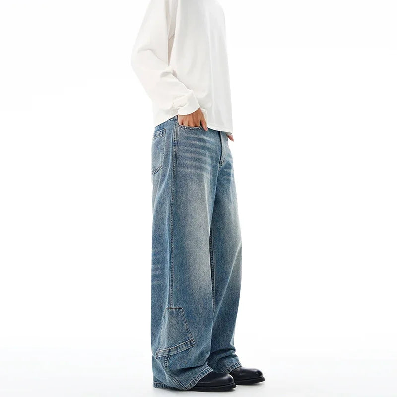 Threebooy Multi-pocket Loose Wide-leg Jeans Men's Cotton Vintage Washed Denim Pants Hip-hop Fashion Y2K Streetwear Autumn Casual Trousers