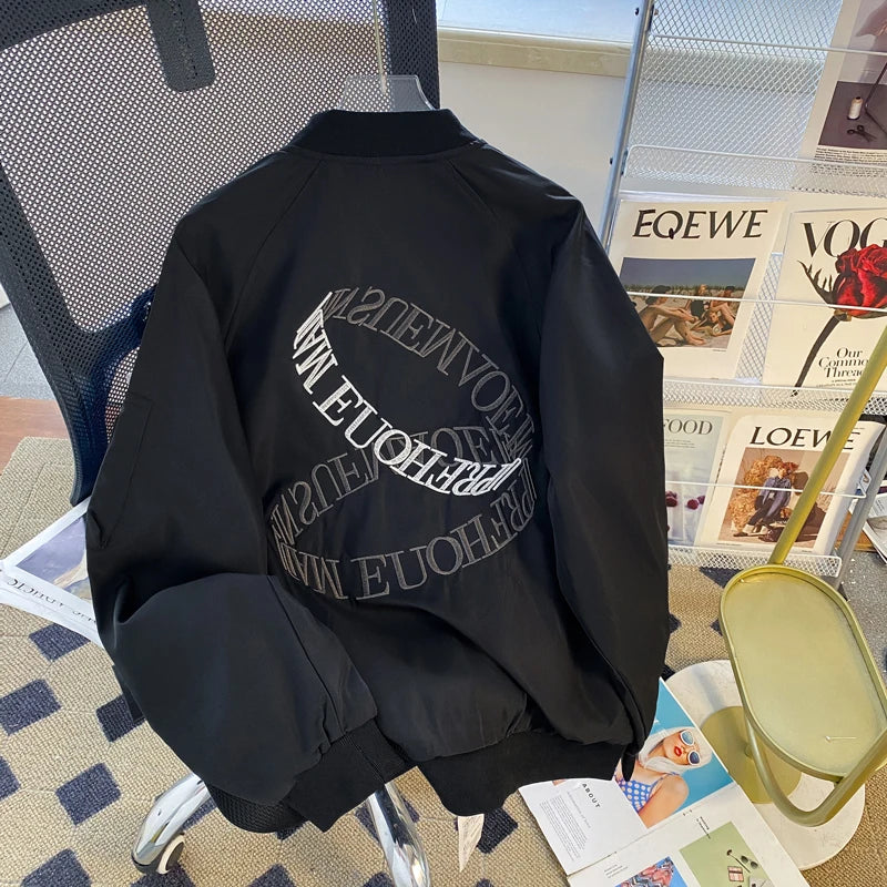 Threebooy American Casual Jacket Vintage Letter Embroidery Bomber Jacket Men's Spring Autumn High Street Vibe Casual Baseball Uniform Coat