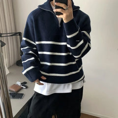 Threebooy  Striped Leisure Knitwear Young Students With Zipper Pullovers Male Vintage New in Sweatshirt Designer Woven Men's Knit Sweater