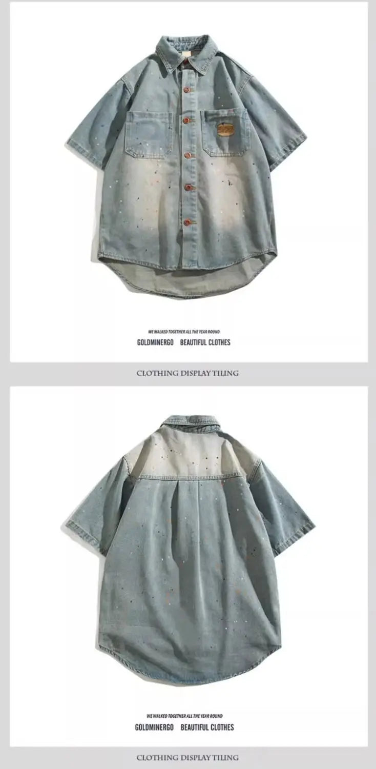 Threebooy American hip-hop men and women trendy splashed ink denim shirt for couples loose retro high-end wide casual top harajuku y2k