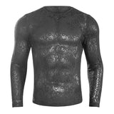 Threebooy Mens Lace Perspective Hollow Sports Fitness Slim Long-Sleeved Top Autumn Sexy Nightclub Breathable Bottoming Shirt For Men