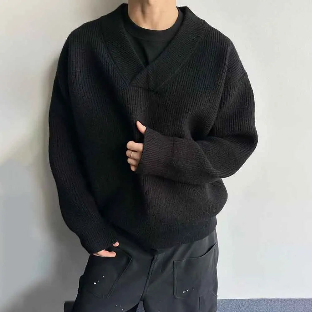 Threebooy  Winter New Men's Solid Color V-Neck Long Sleeve Sweater Korean Retro Fashion Trendy High Street Loose Casual Simple Men's Top