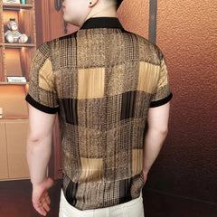 Threebooy   Summer Shirt Men's Slim Fit Handsome Business Casual Shirt Short Sleeve Versatile Trendy Ice Silk Breathable Vacation Shirt