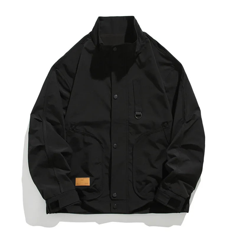 Threebooy  Korean Styles Men Casual Jacket Multiple Pockets Spring Autumn Minimalist Slim Fitting Standing Collar Work Jacket Male Clothes
