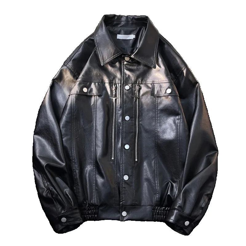 Threebooy Retro Motorcycle Leather Jacket Men's Spring Autumn Pu Jacket Loose Windproof Jackets Zipper Single-breasted Turndown Collar Top