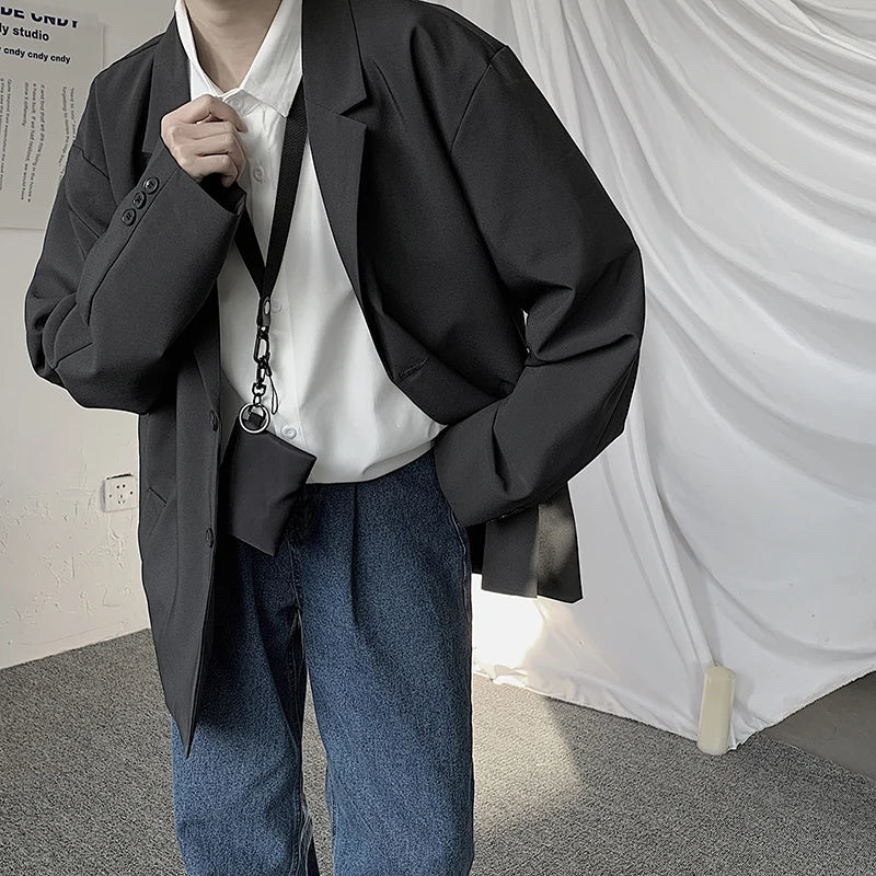 Threebooy Blazers Men Casual Solid Color Loose Long Sleeve Suit Jacket Streetwear for Male Daily Outerwear Autumn Suit's Tops Chic