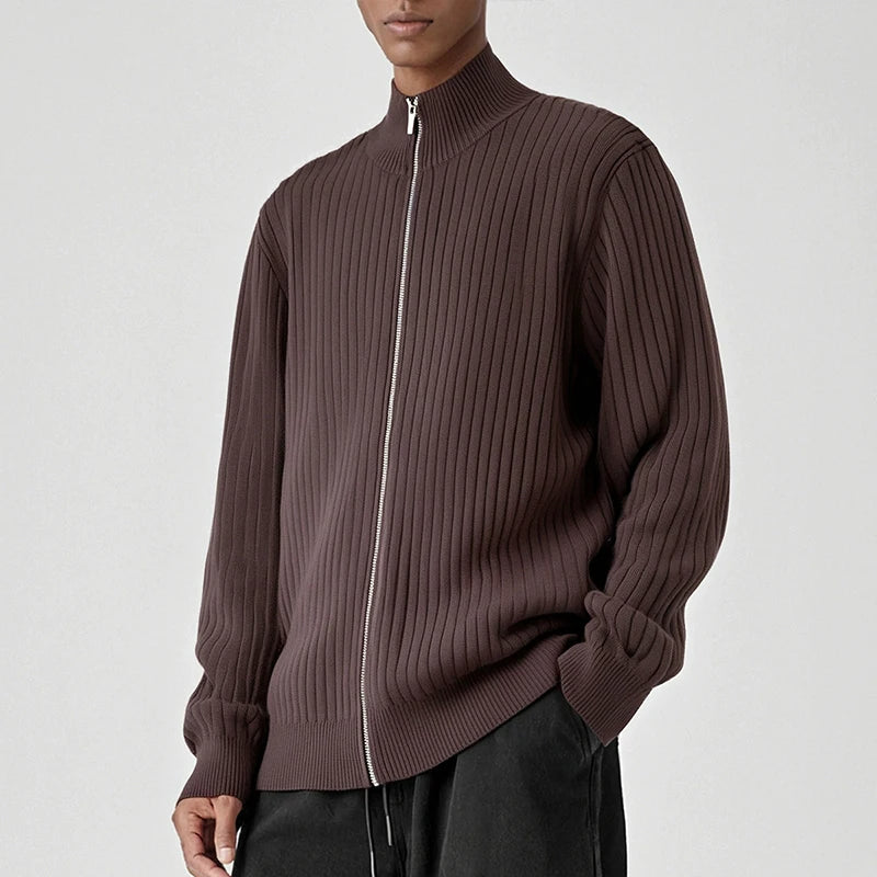Threebooy  New Korean Fashion Men Cardigan Jacket Light Luxury Trendy Turtleneck Knit Zip-up Long Sleeve Sweater Coat High Quality Knitwear