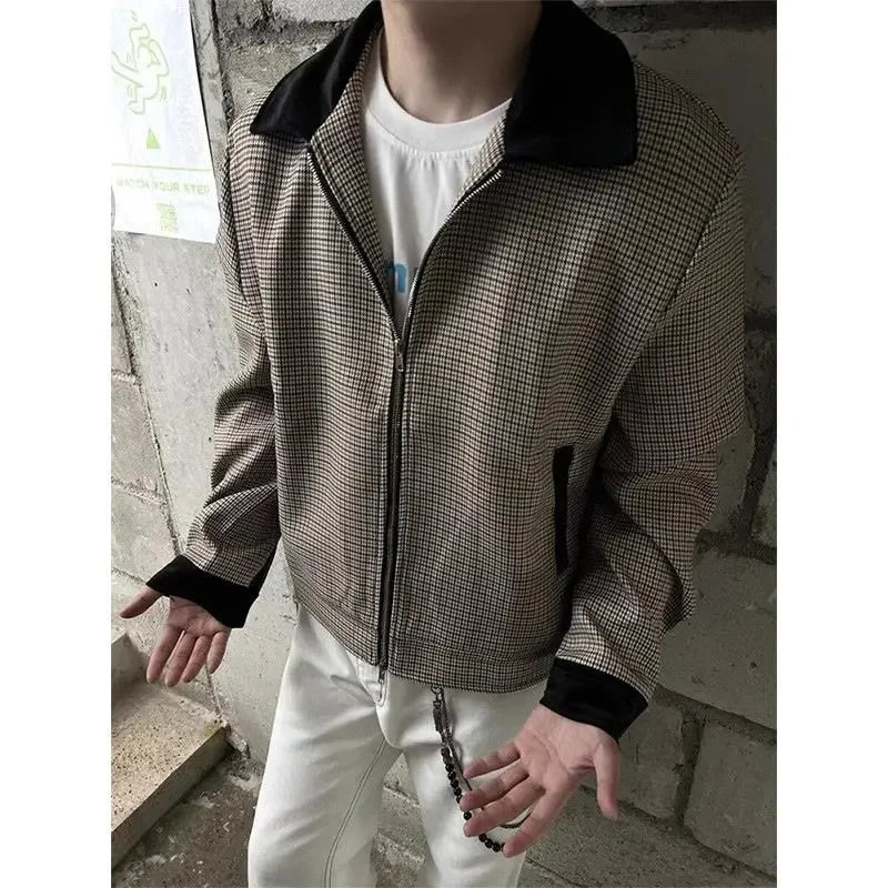 Threebooy Plaid Retro Jacket Men's Spring Autumn Streetwear American Lapel Jacket Color Blocking Design Coat High-end Motorcycle Suit Top
