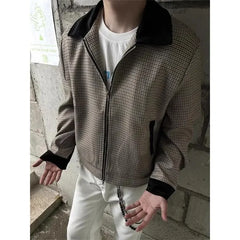 Threebooy Plaid Retro Jacket Men's Spring Autumn Streetwear American Lapel Jacket Color Blocking Design Coat High-end Motorcycle Suit Top