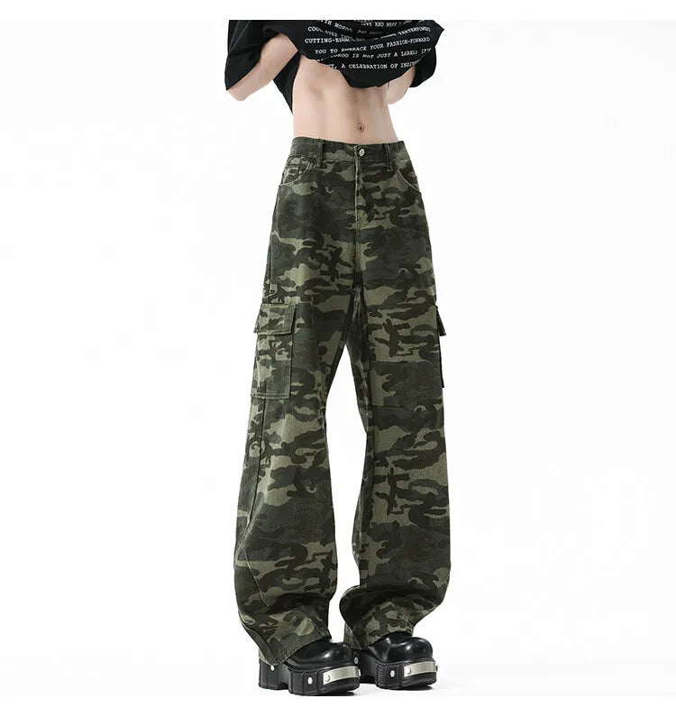 Threebooy Men Casual Straight Leg Camo Cargo Pants Outdoor Tactical Military Workwear Hiking Camping Durable Comfortable Jogger Trousers
