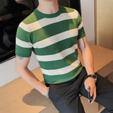 Threebooy Summer Short Sleeve Stripe T-Shirt Men Fashion Hollow Out Plaid Knitted Casual T-shirt Breathable Round Neck Tee Top Streetwear