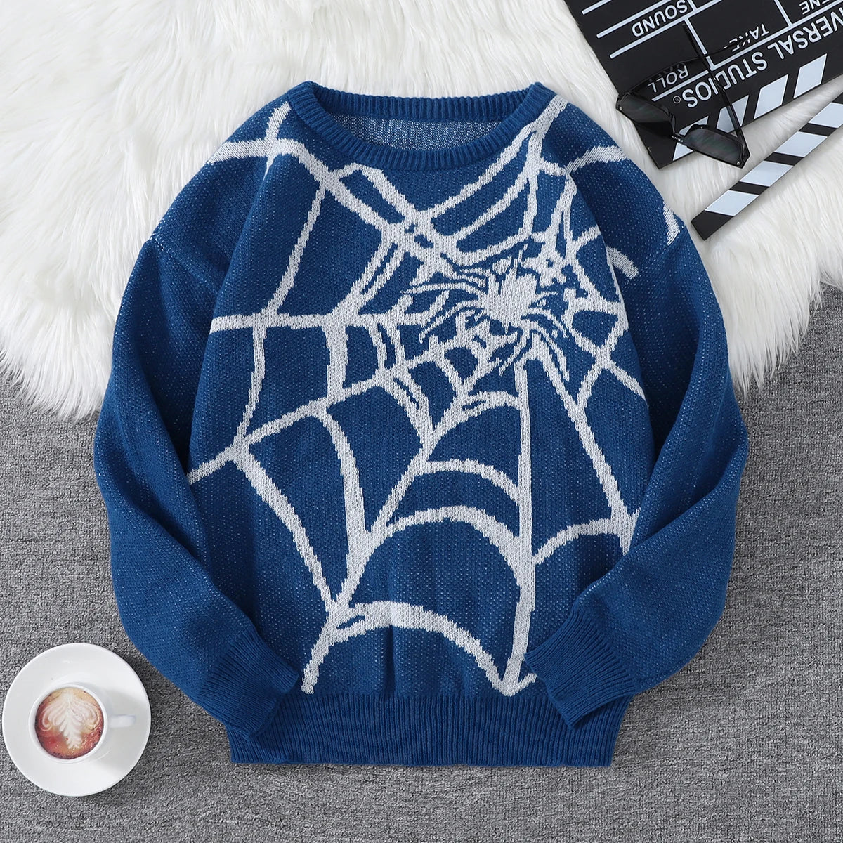Threebooy  New Popular Autumn and Winter Spider Web Jacquard Pattern Pullover Sweater Casual Round Neck Knitted Men's Pullover