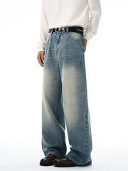Threebooy 2025 Autumn Men's Wide-leg Jeans Comfortable Loose Casual Straight Trousers American Classic Retro Wash Cotton Denim Pants
