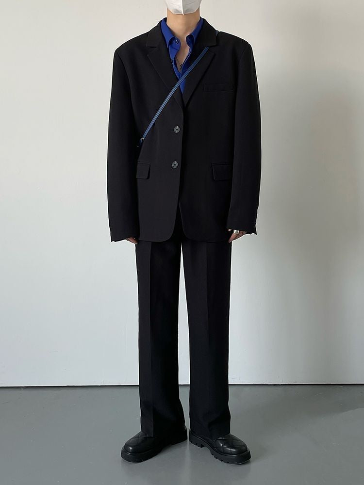Threebooy Men Punk Blazer Jacket Set New Korean Temperament Handsome Black Suit Coat Unisex High Street Oversize Fashionable Suit