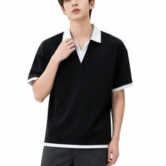 Threebooy  Men Fake Two-Piece Polo Shirt Stripe Patchwork Design Loose Fit Short Sleeve Casual Streetwear Tops Trend New